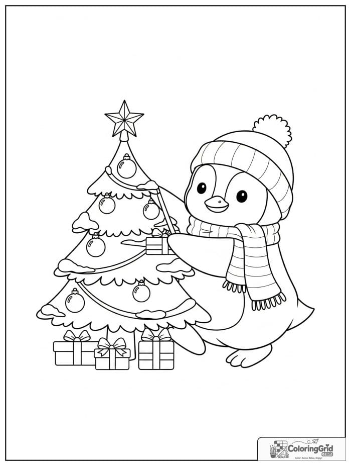 Joyful penguin decorating a holiday tree with round ornaments, a star topper, wrapped gifts, and snowy branches.