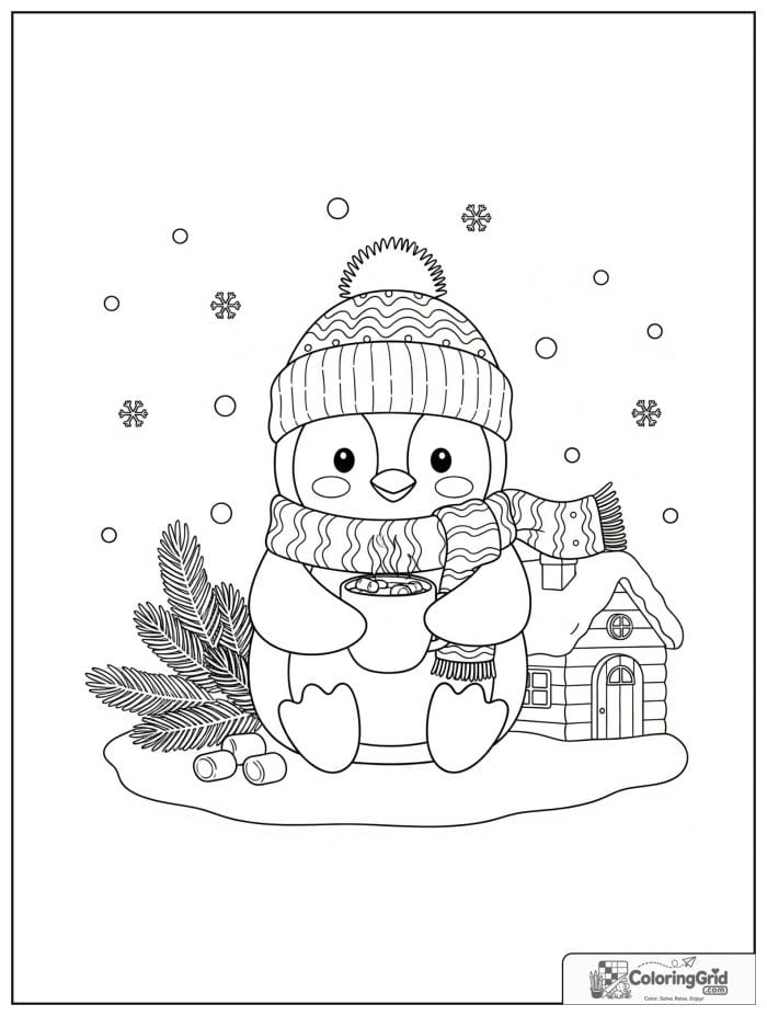 Cozy penguin drinking hot cocoa beside a snowy cabin with marshmallows, pine branches, and snowflakes.