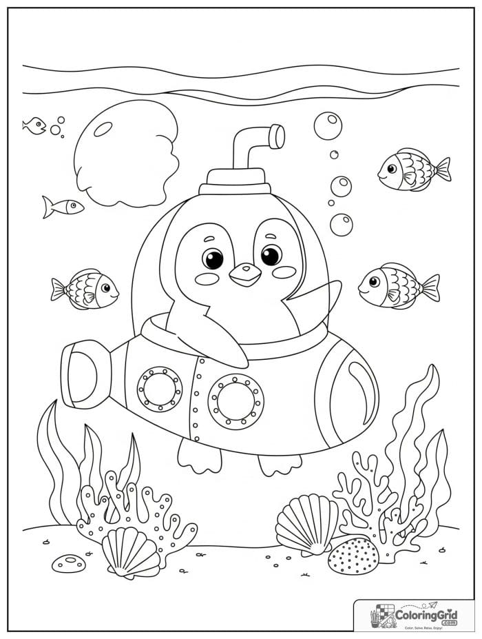 Curious penguin exploring the ocean in a tiny submarine with bubbles, friendly fish, seaweed, shells, and coral shapes.