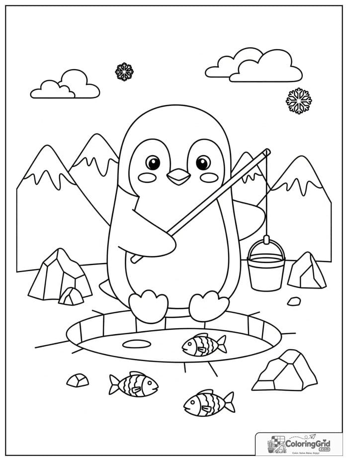 Patient penguin fishing through an ice hole with a bucket, fish, snowflakes, and icy mountains.