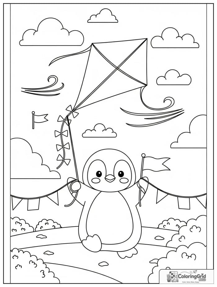 Playful penguin flying a big kite in a snowy field with fluffy clouds, little flags, and round bushes.