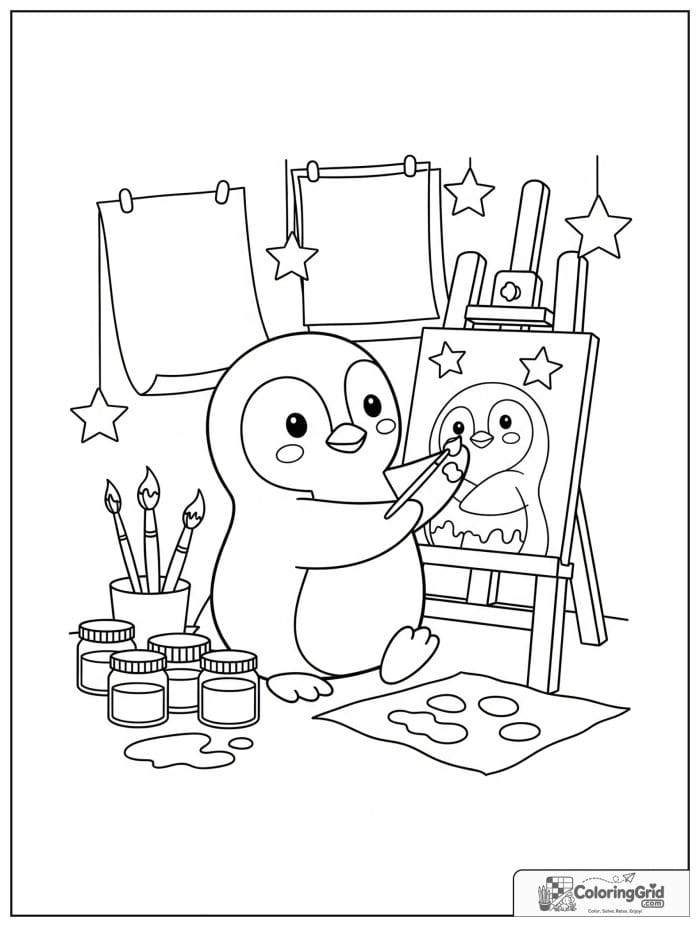 Creative penguin painting at an easel with paint jars, brushes, paper sheets, and star decorations.