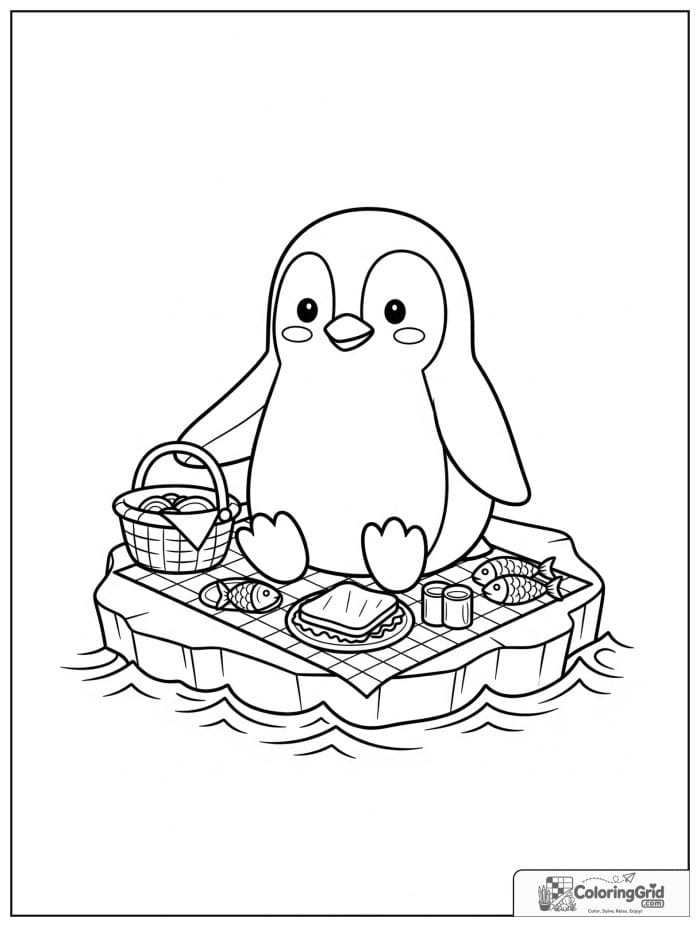 Friendly penguin having a picnic on a floating ice floe with a basket, sandwiches, fish snacks, and ocean waves.