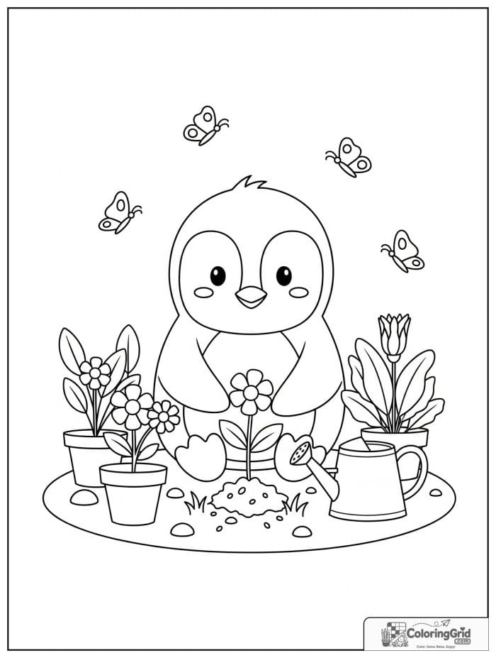Cheerful penguin planting flowers in a little garden with flower pots, a watering can, leafy plants, and butterflies.