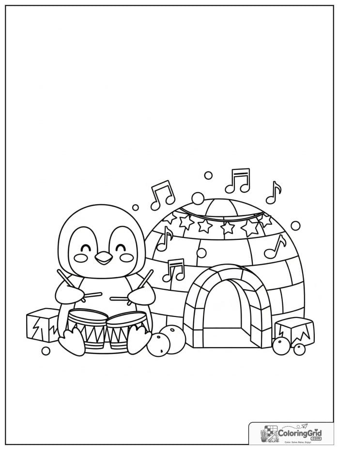 Joyful penguin playing drums beside an igloo with music notes, stars, snowballs, and icy blocks.