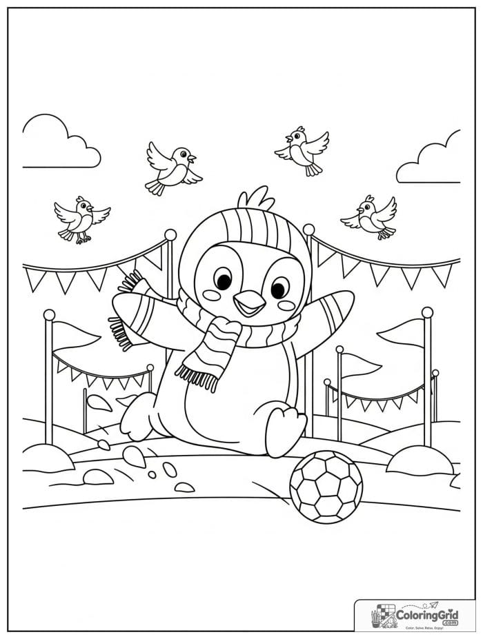 Sporty penguin kicking a soccer ball on a snowy field with goal posts, pennant flags, and cheering birds.