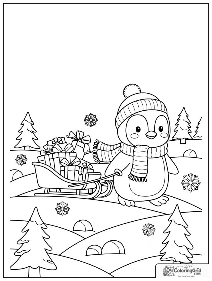 Helpful penguin pulling a sled filled with wrapped gifts across snowy hills with pine trees and snowflakes.