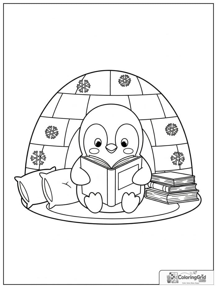 Curious penguin reading a big book inside an igloo with pillows, blanket, snowflakes, and stacked books.