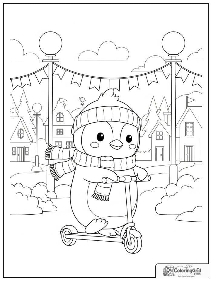 Lively penguin riding a scooter through a polar village with little houses, street lamps, snowy bushes, and banners.