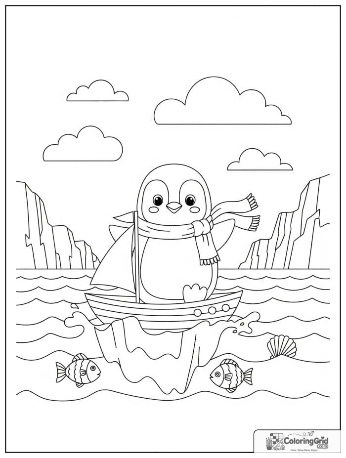 Brave penguin sailing a tiny iceberg boat with waves, fish, shells, clouds, and ice cliffs.