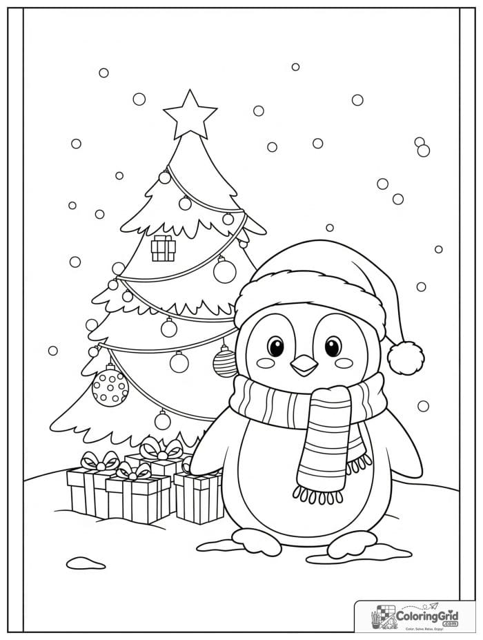 Penguin wearing Santa hat beside Christmas tree coloring page