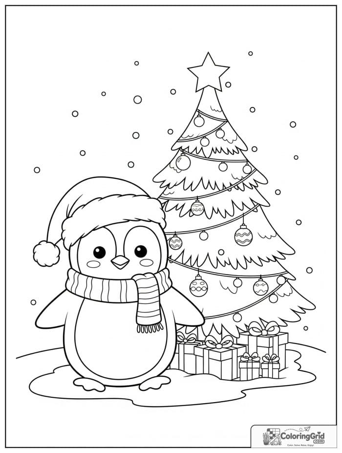 Penguin wearing Santa hat beside Christmas tree coloring page