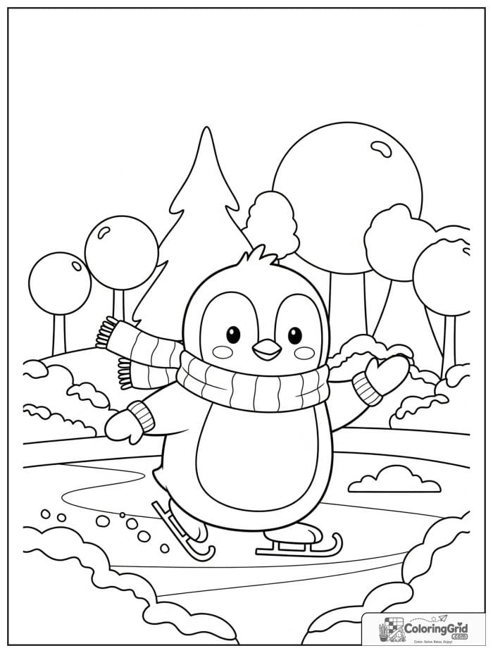 Playful penguin skating on a frozen pond with a scarf, mittens, bushes, and winter trees.