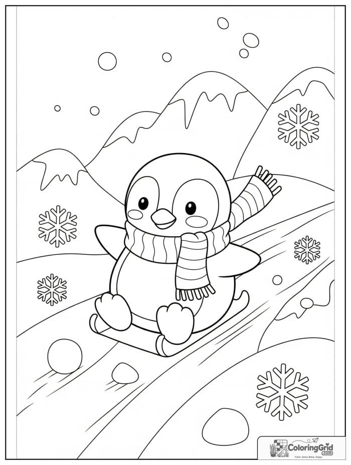 Cheerful penguin sliding on ice with snowballs, snowflakes, and icy hills in a winter scene.