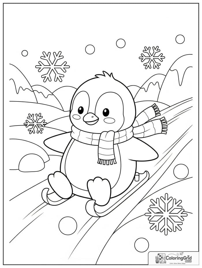 Cheerful penguin sliding on ice with snowballs, snowflakes, and icy hills in a winter scene.