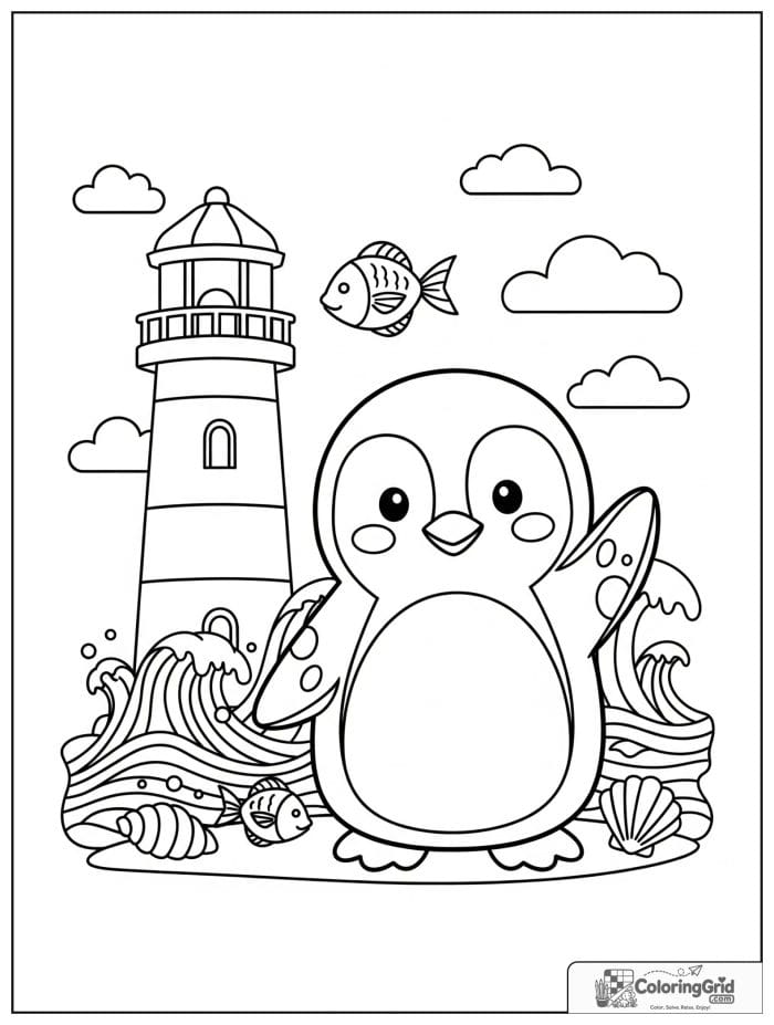 Friendly penguin waving beside a seaside lighthouse with ocean waves, seashells, fish, and clouds.