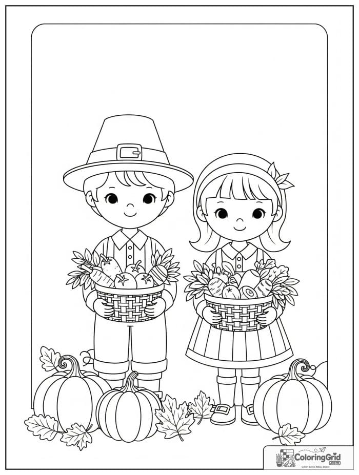 Cute pilgrim boy and girl with harvest baskets coloring page