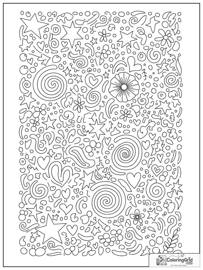 Playful abstract doodle coloring page with stars hearts and spirals