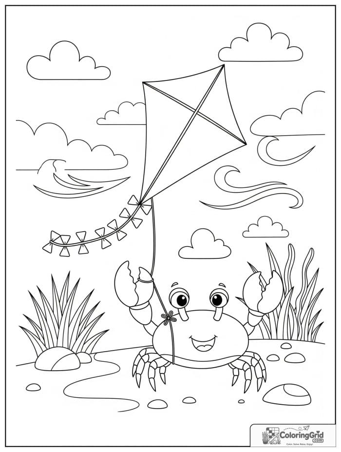 A playful crab flies a kite on the shore with sea grass, stones, clouds, and breezy beach details.