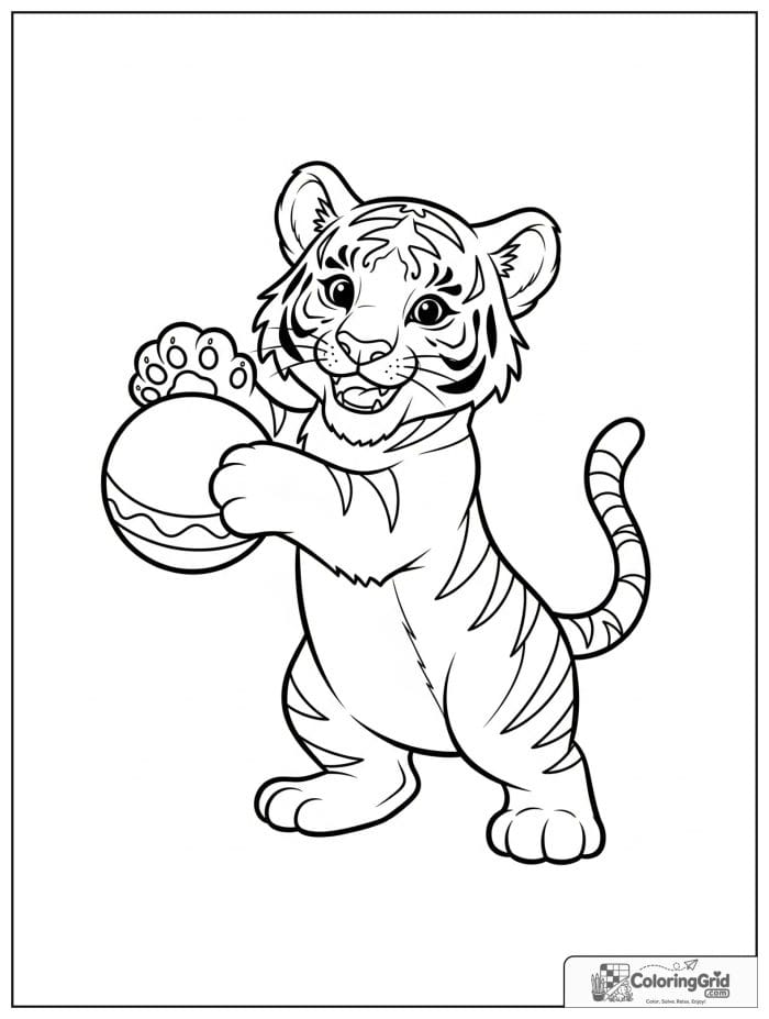 Playful tiger cub batting a ball.