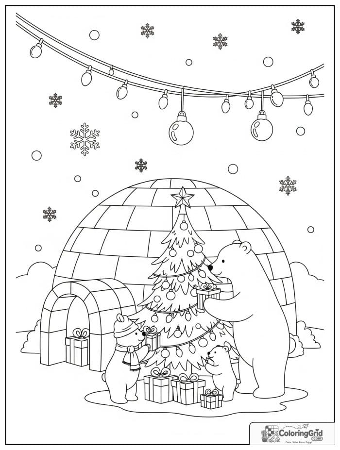 Polar bears decorating Christmas tree outside igloo coloring page