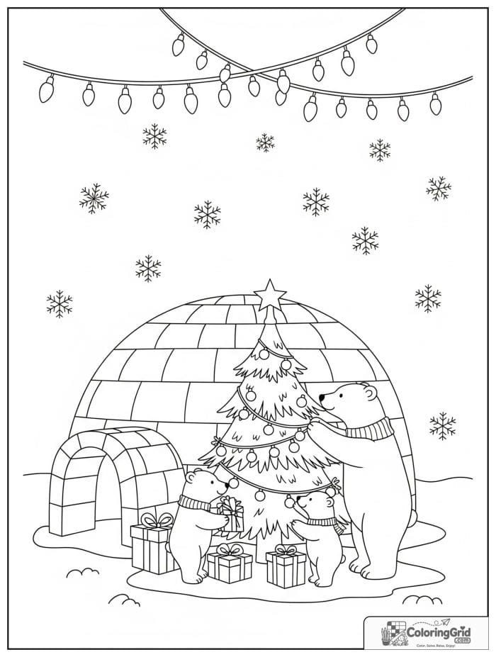 Polar bears decorating Christmas tree outside igloo coloring page