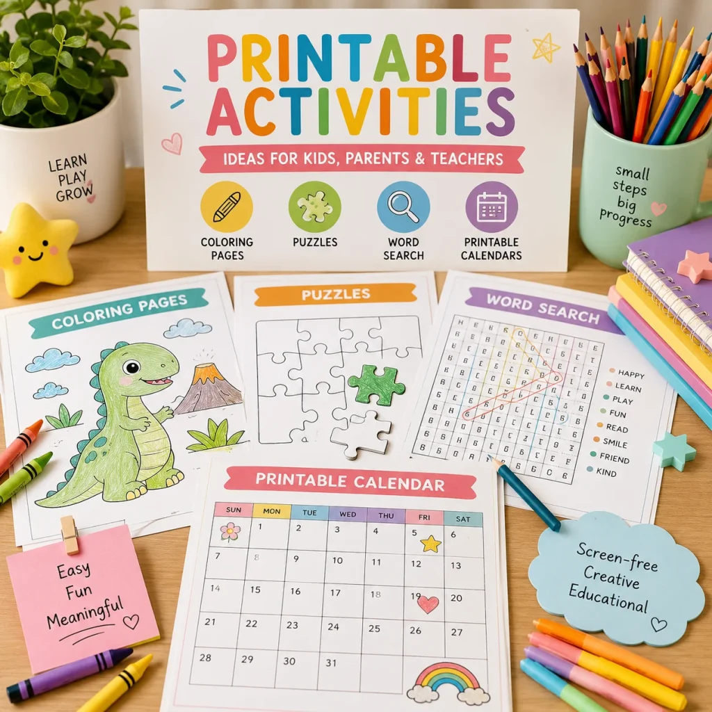 blog Printable activities blog feature image with coloring pages, puzzles, word search, printable calendar, crayons, pencils, and classroom supplies on a desk.