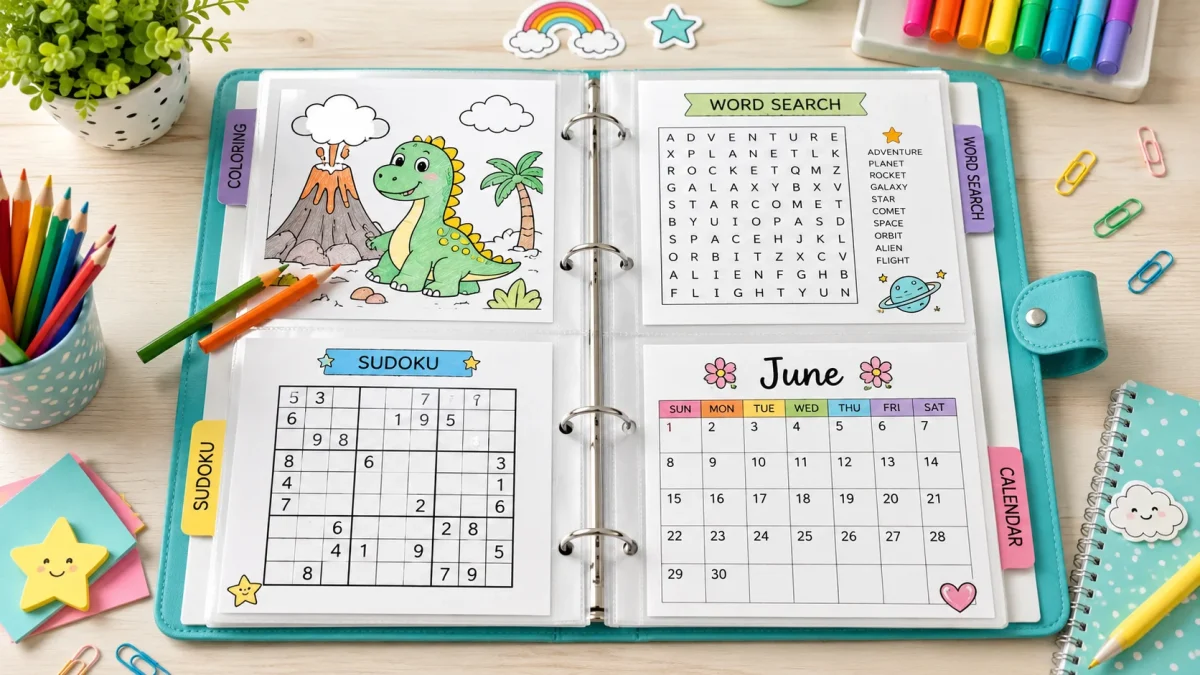 Open a printable activity binder with coloring pages, word search, Sudoku, and a monthly calendar organized on a bright desk.