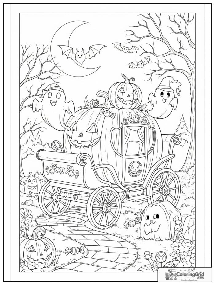 Pumpkin carriage with friendly ghosts Halloween coloring page