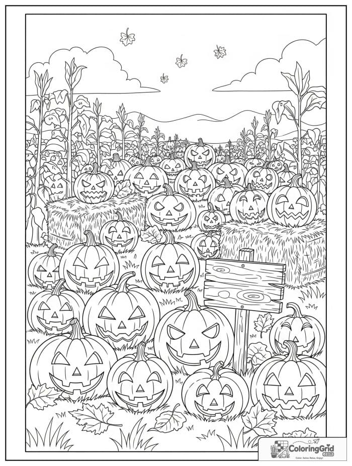 Pumpkin patch with jack-o-lantern faces Halloween coloring page