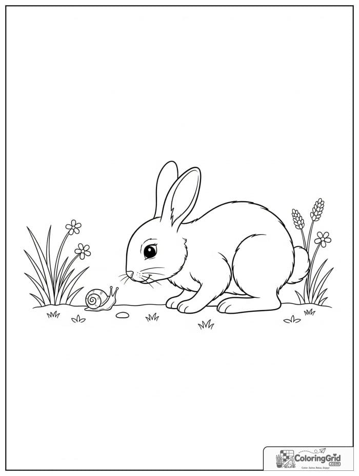 Curious rabbit looking at a tiny snail.