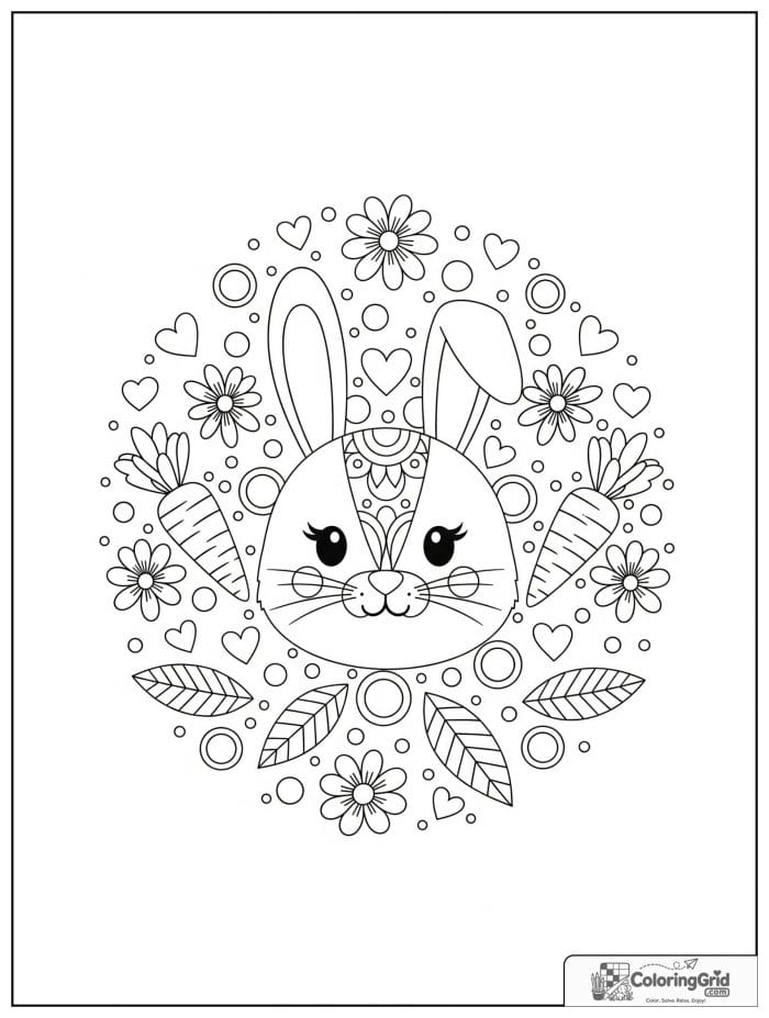 Rabbit animal mandala coloring page with carrots and flowers