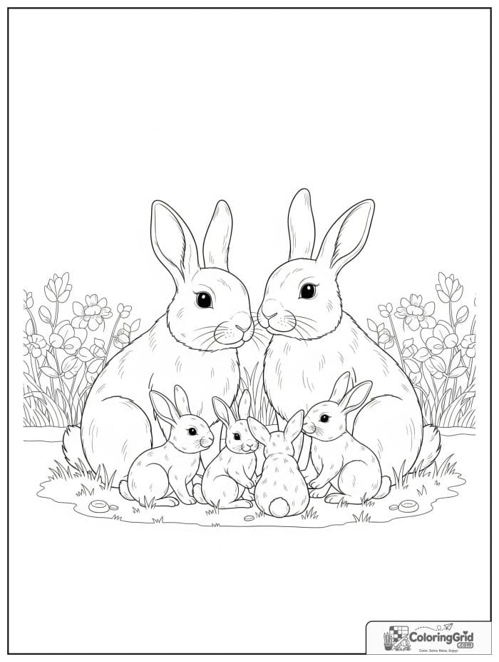 Rabbit family sitting together in a garden.