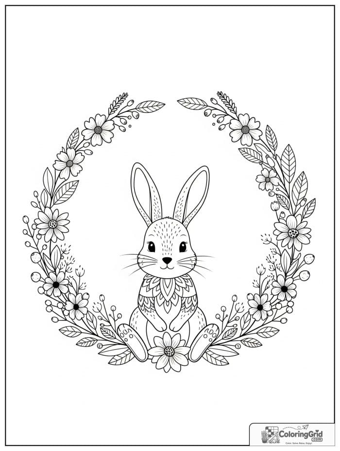 Rabbit sitting inside a floral wreath.