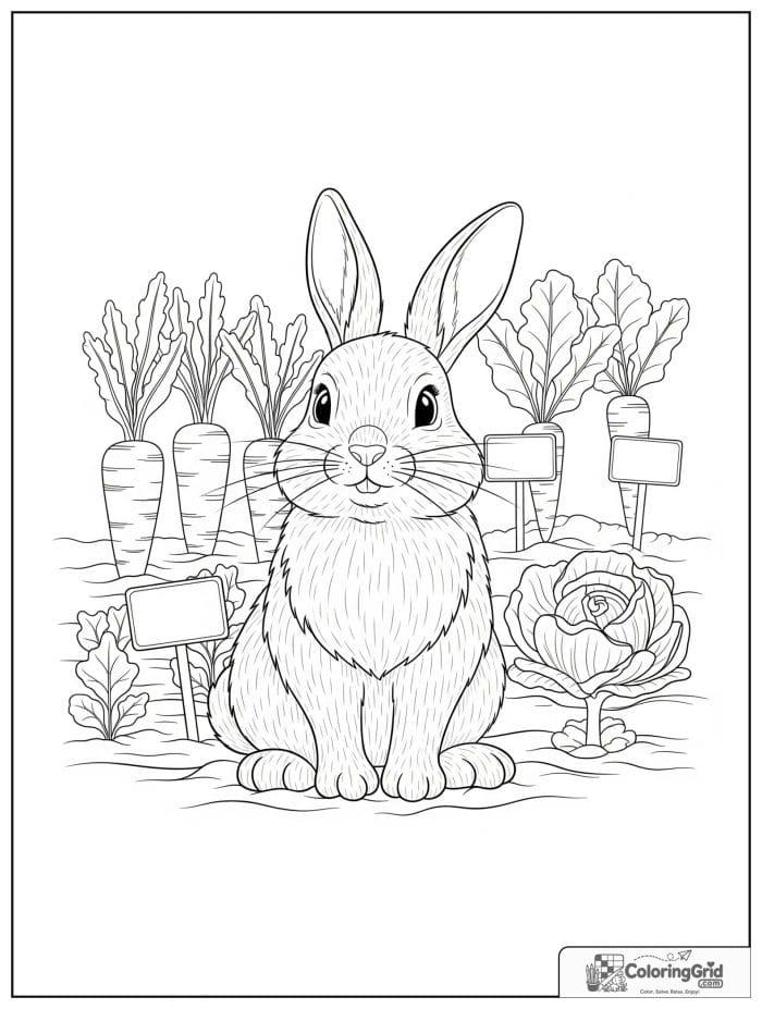 Friendly rabbit sitting in a vegetable garden.