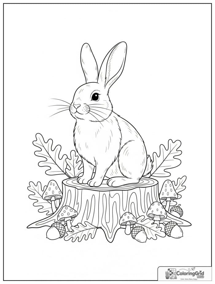 Rabbit sitting on a woodland tree stump.