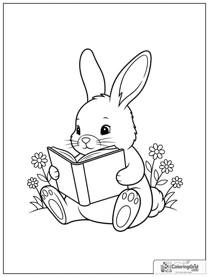 Cute rabbit reading an open book.