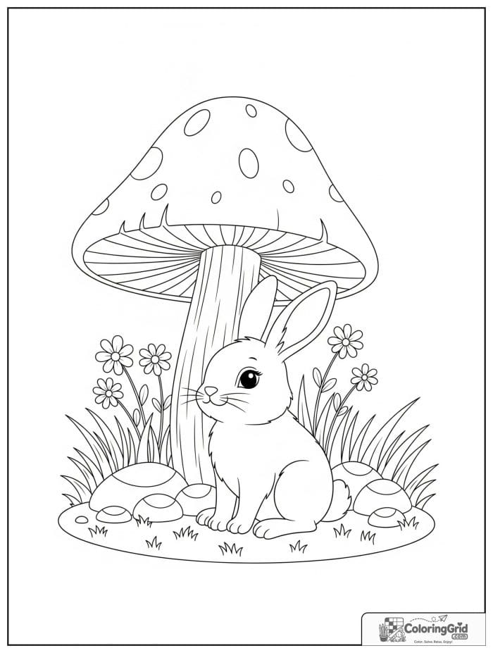Cute rabbit sitting under a large mushroom.