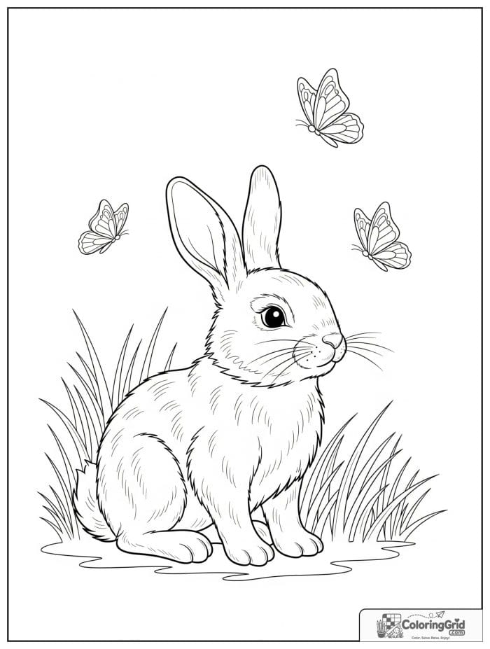 Gentle rabbit sitting with butterflies nearby.