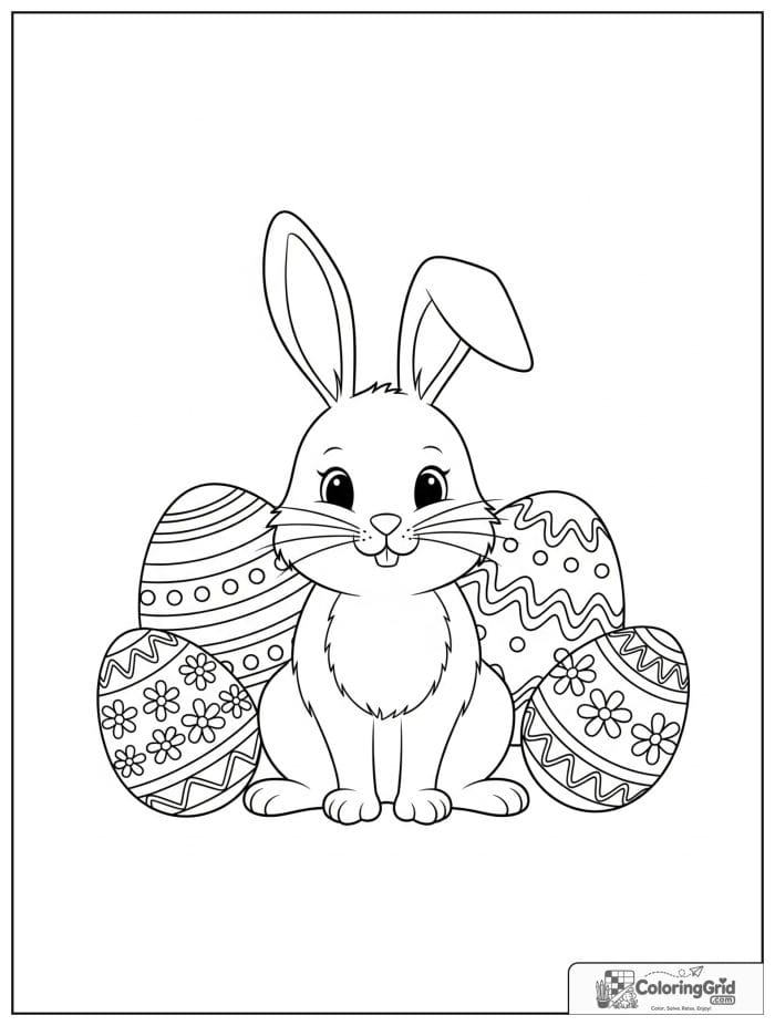 Smiling rabbit sitting beside decorated eggs.