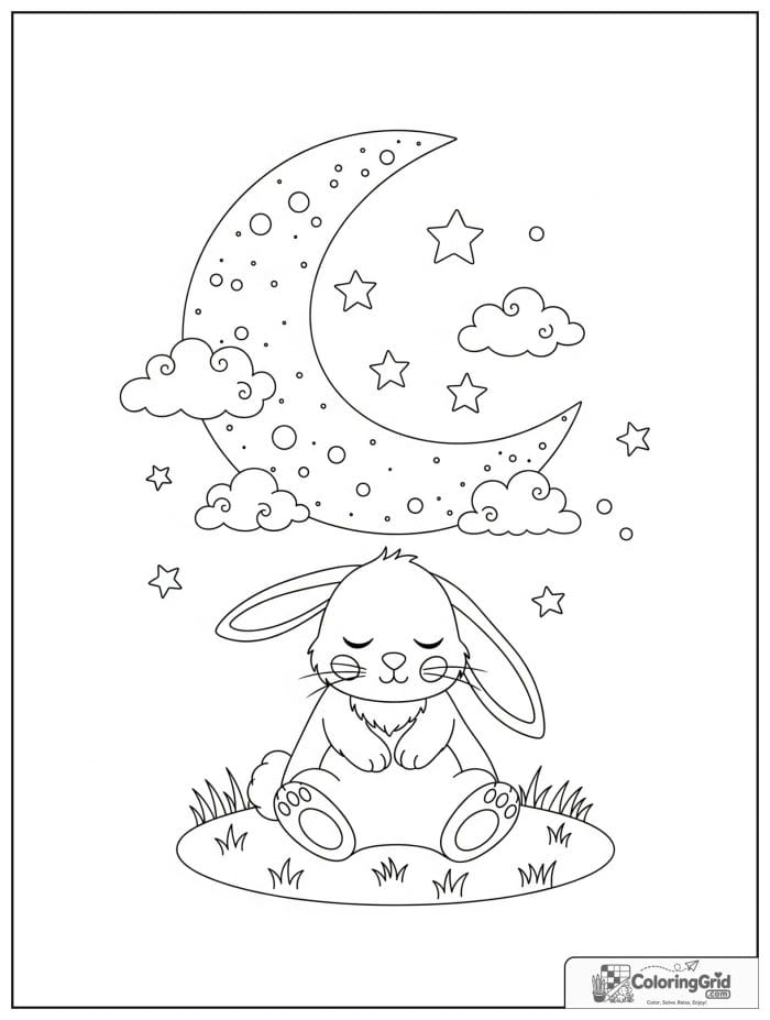 Sleepy rabbit under moon and stars.