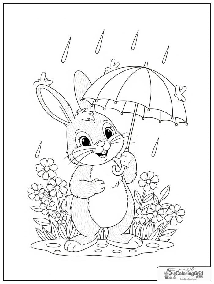 Smiling rabbit holding an umbrella.