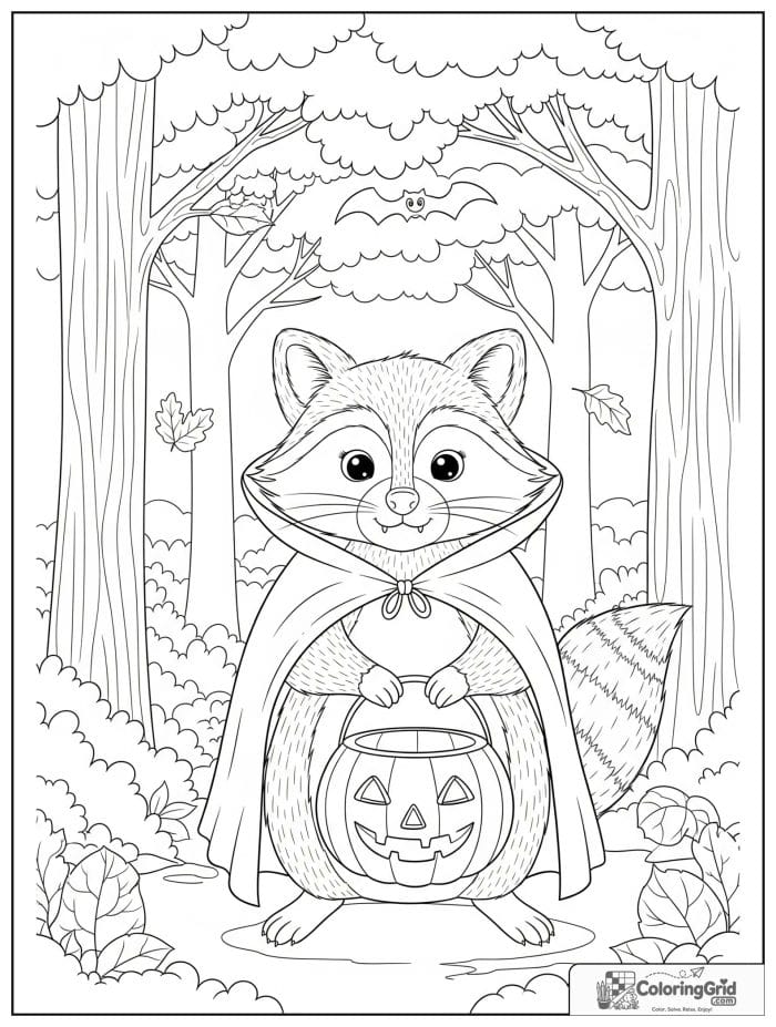 Cute raccoon in vampire cape Halloween coloring page