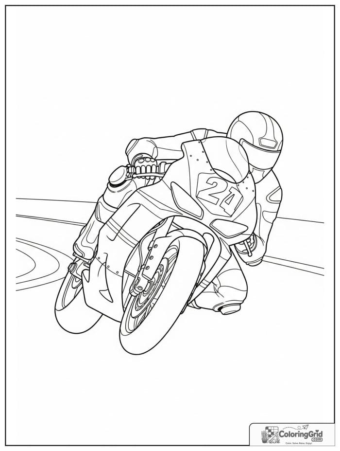 Racing motorcycle on a curved track for Motorcycle Coloring Pages