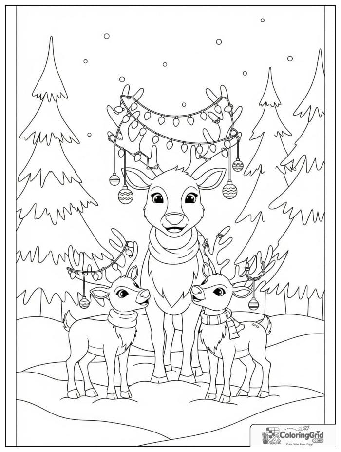 Reindeer family with Christmas lights on antlers coloring page