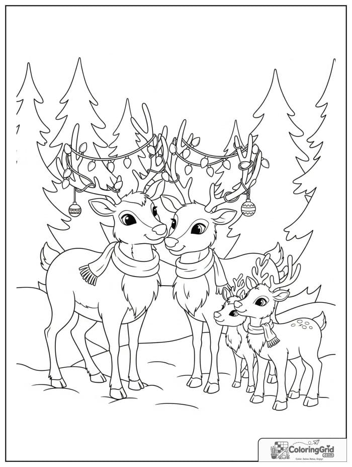 Reindeer family with Christmas lights on antlers coloring page
