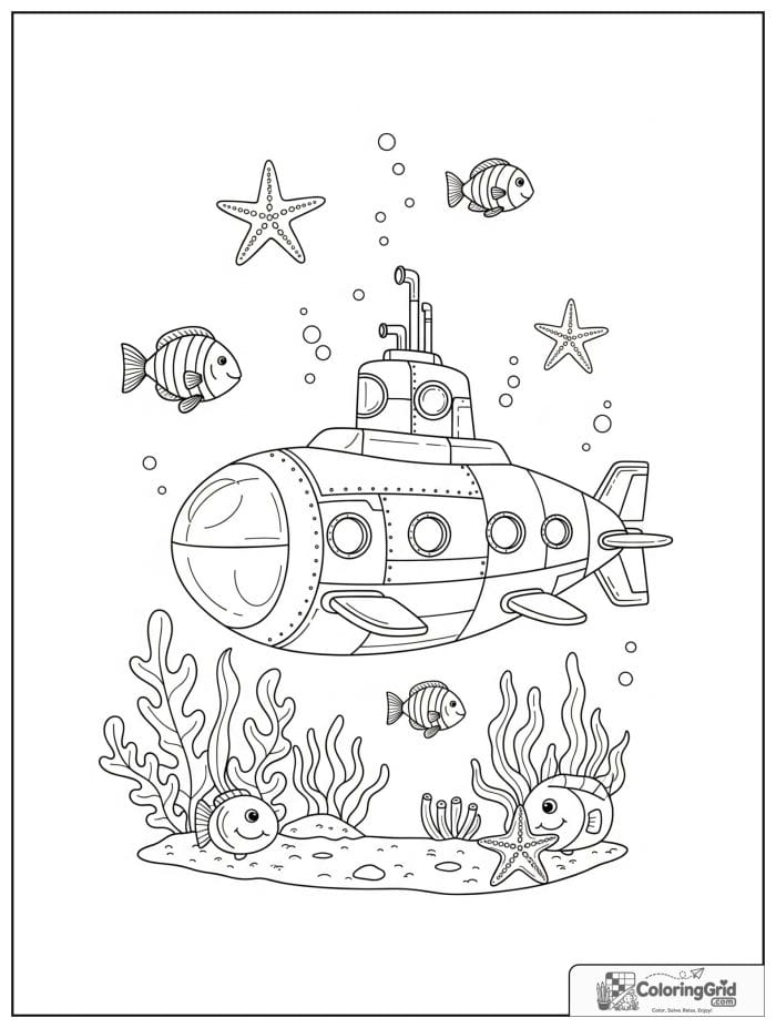 Research submarine vehicle with sea creatures coloring page