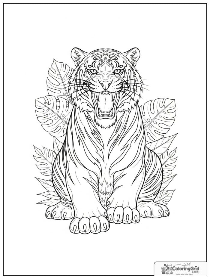 Roaring tiger with bold stripes.