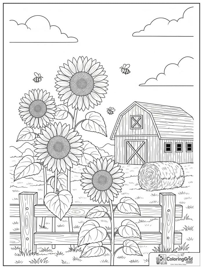 Rustic sunflower farm with barn and hay bales coloring page