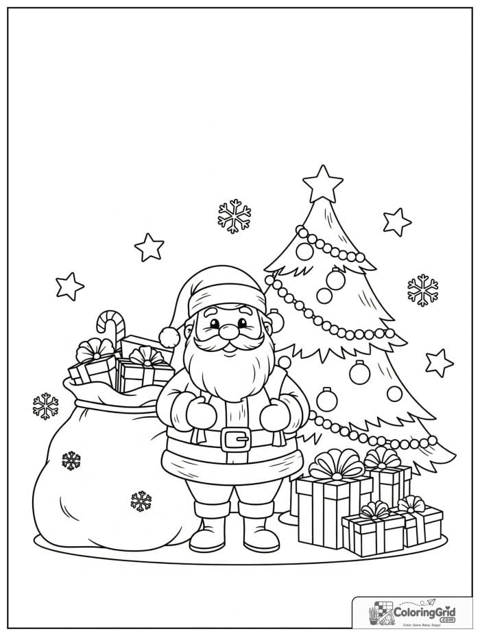 Santa Claus with gifts under a Christmas tree coloring page